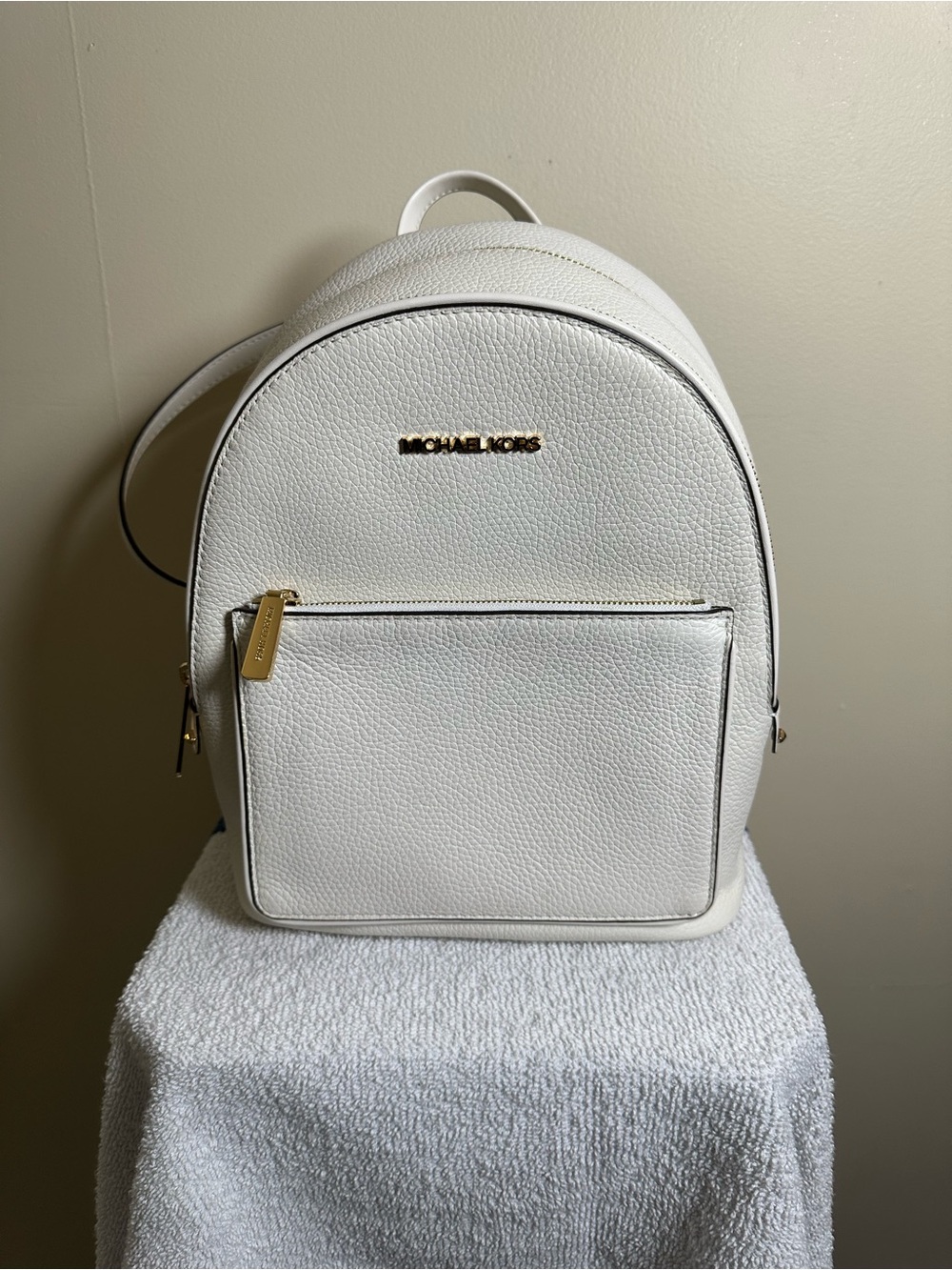 Michael Kors White Pebbled Leather Backpack with Gold Hardware